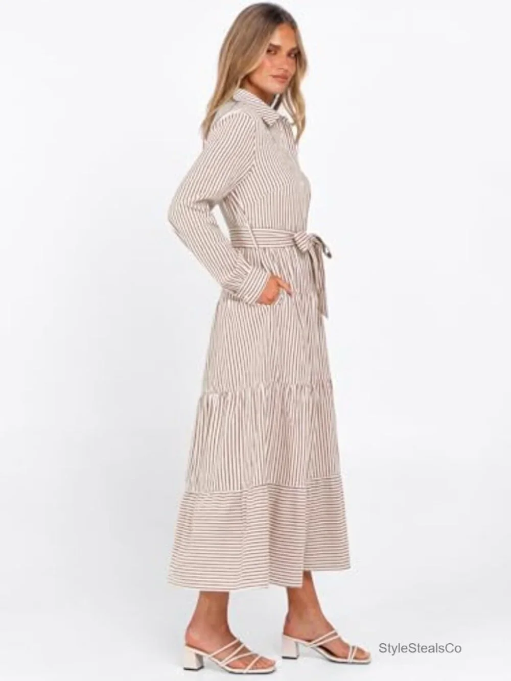Long Sleeve Striped Flowy Maxi Dress Button Down Ruffle Hem Tie Waist Shirt - Picture 3 of 6